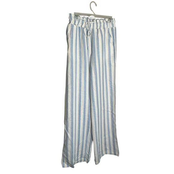 Love Tree Linen Blend Wide Leg Pants Elastic Waist Striped Blue White Sz L NWT - Picture 1 of 7
